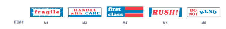 Pictorial Labels - Fragile, Handle With Care, First Class, Rush! and Do Not Bend