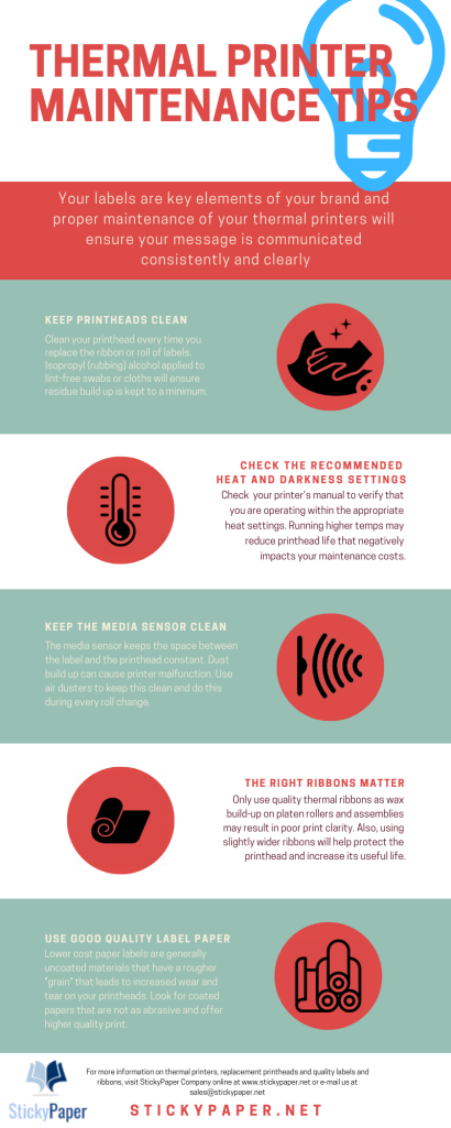 Infographic on thermal printer maintenance tips and best practices by StickyPaper Company